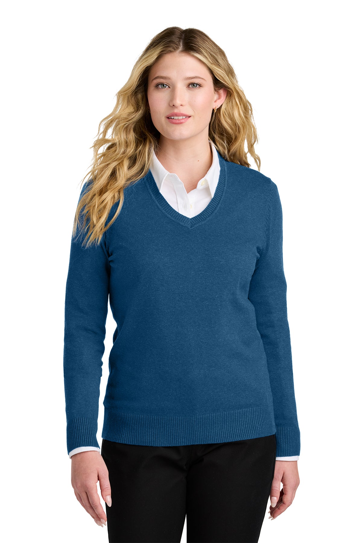 Port Authority Women's V-Neck Sweater. LSW2850. Color in Aegean blue Heather.