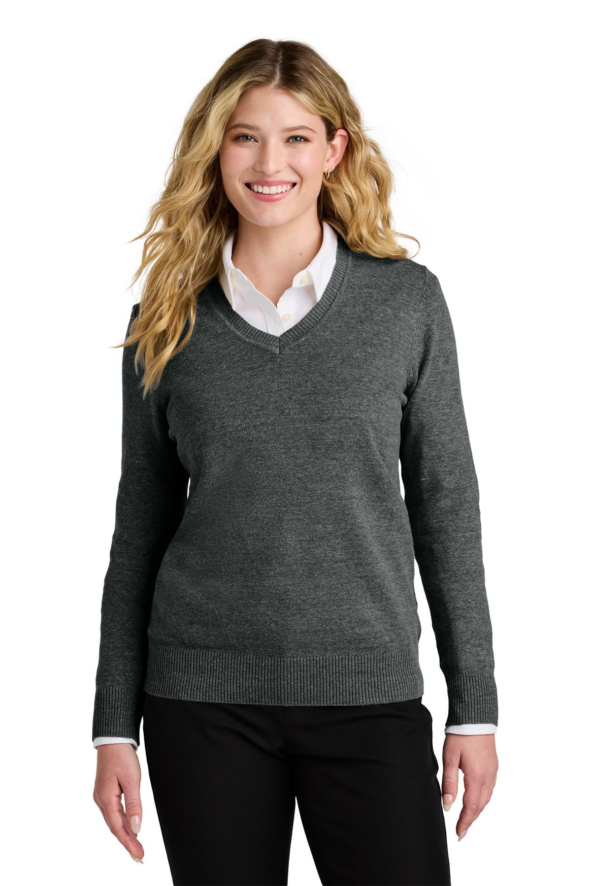 Port Authority Women's V-Neck Sweater. LSW2850. Color in Charcoal Heather.