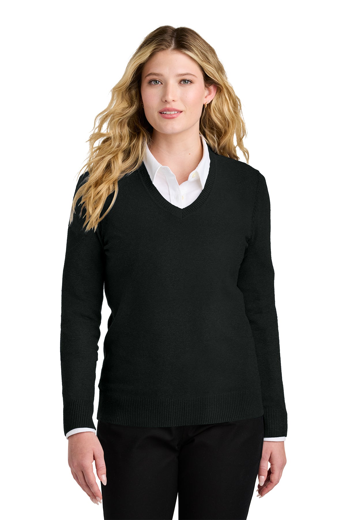 Port Authority Women's V-Neck Sweater. LSW2850. Color in Black.