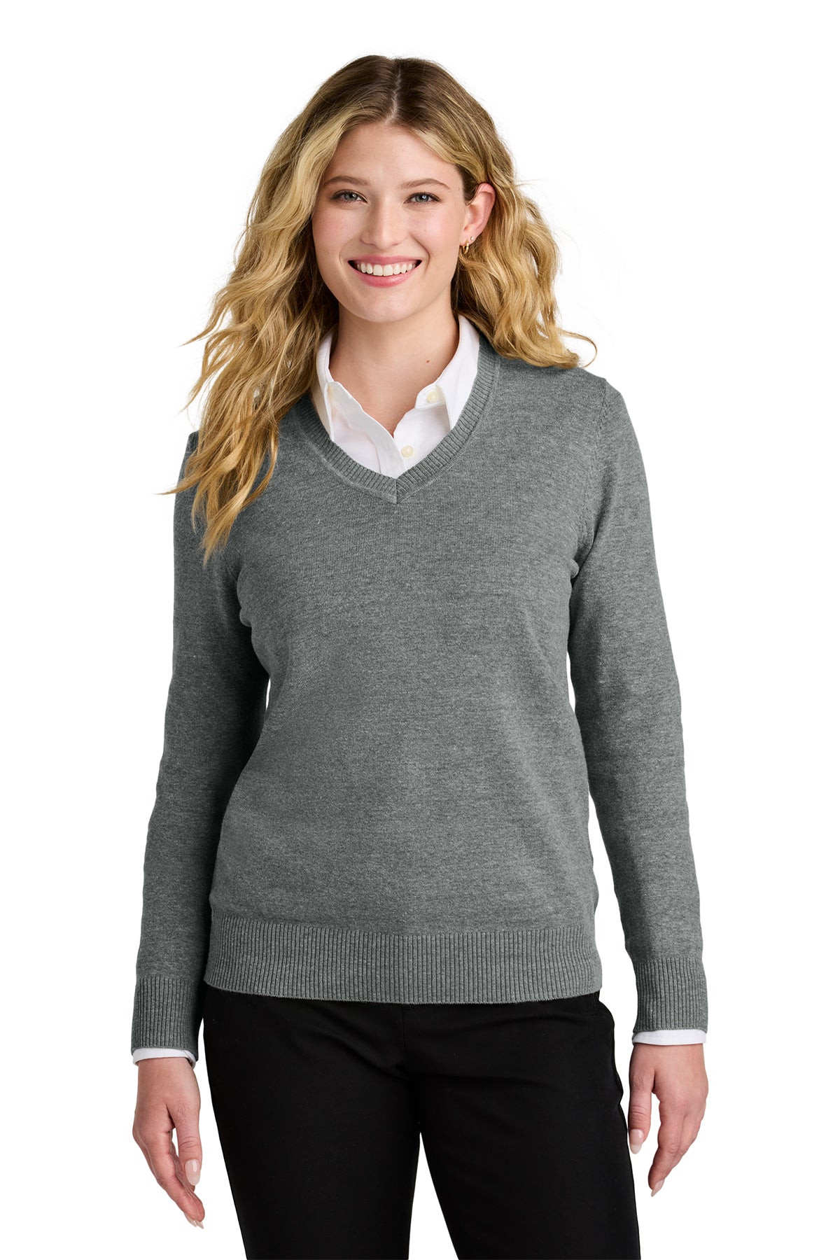 Port Authority Women's V-Neck Sweater. LSW2850. Color in Medium Heather Grey.