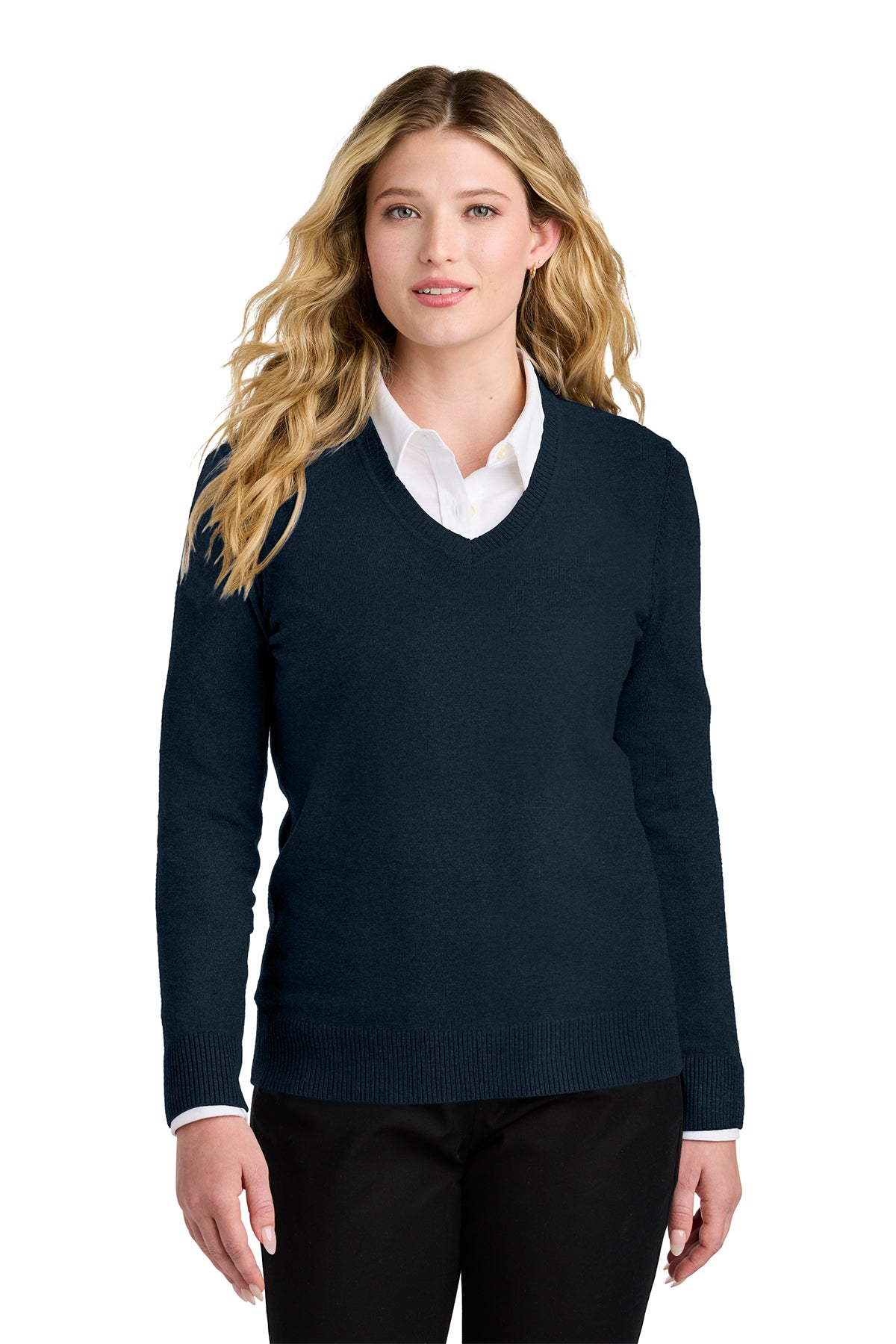 Port Authority Women's V-Neck Sweater. LSW2850. Color in River Blue Navy.