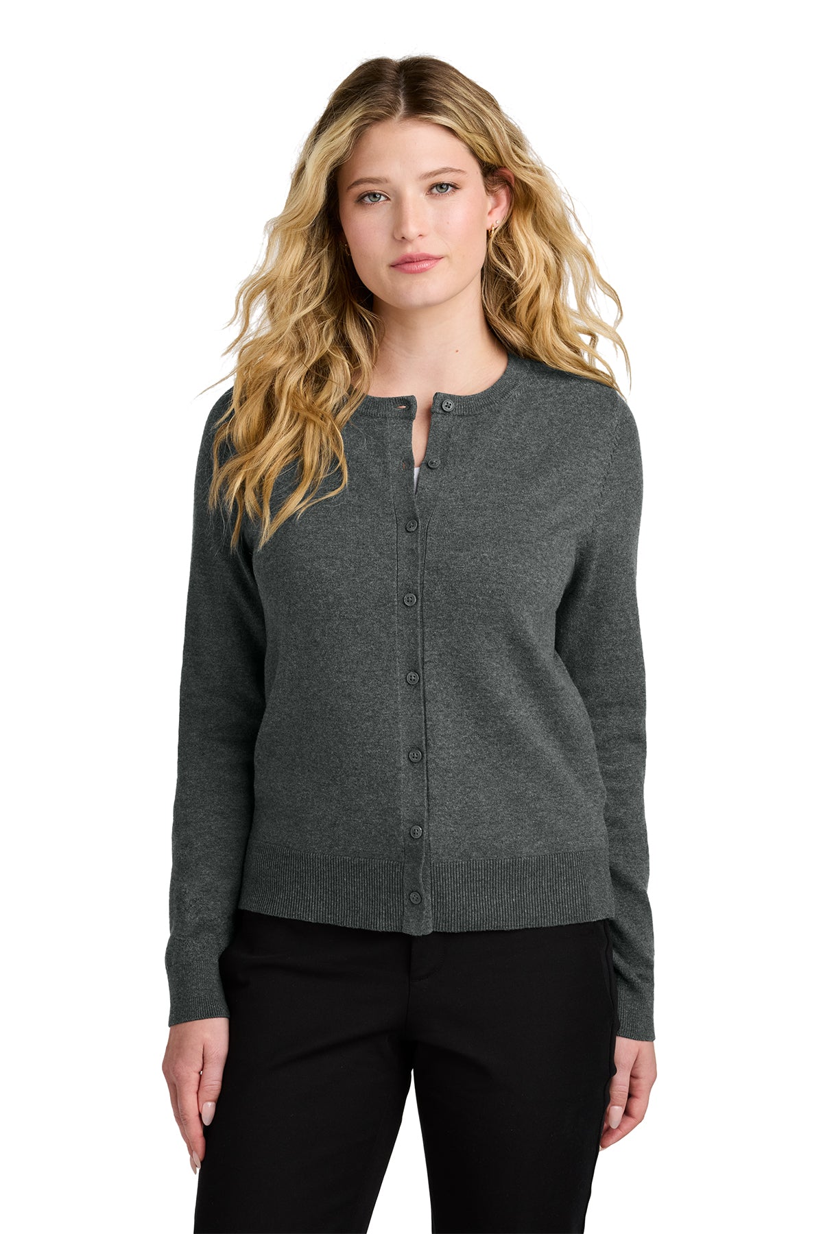 Port Authority Women's Cardigan Sweater. LSW2870. Color Charcoal Heather