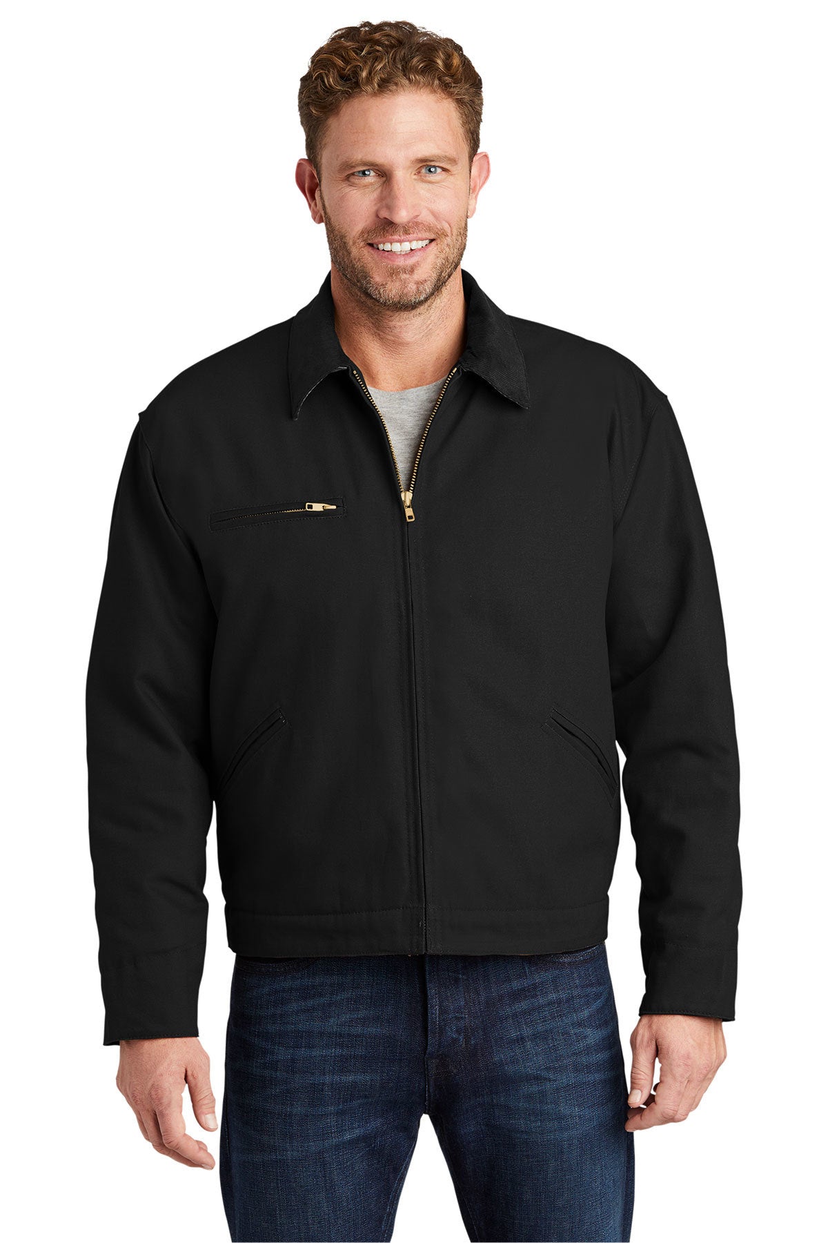 Male model wearing CornerStone Duck Cloth Work Jacket in black, featuring rugged canvas fabric, front zipper, and structured collar for a durable, professional look.