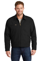 Male model wearing CornerStone Duck Cloth Work Jacket in black, featuring rugged canvas fabric, front zipper, and structured collar for a durable, professional look.