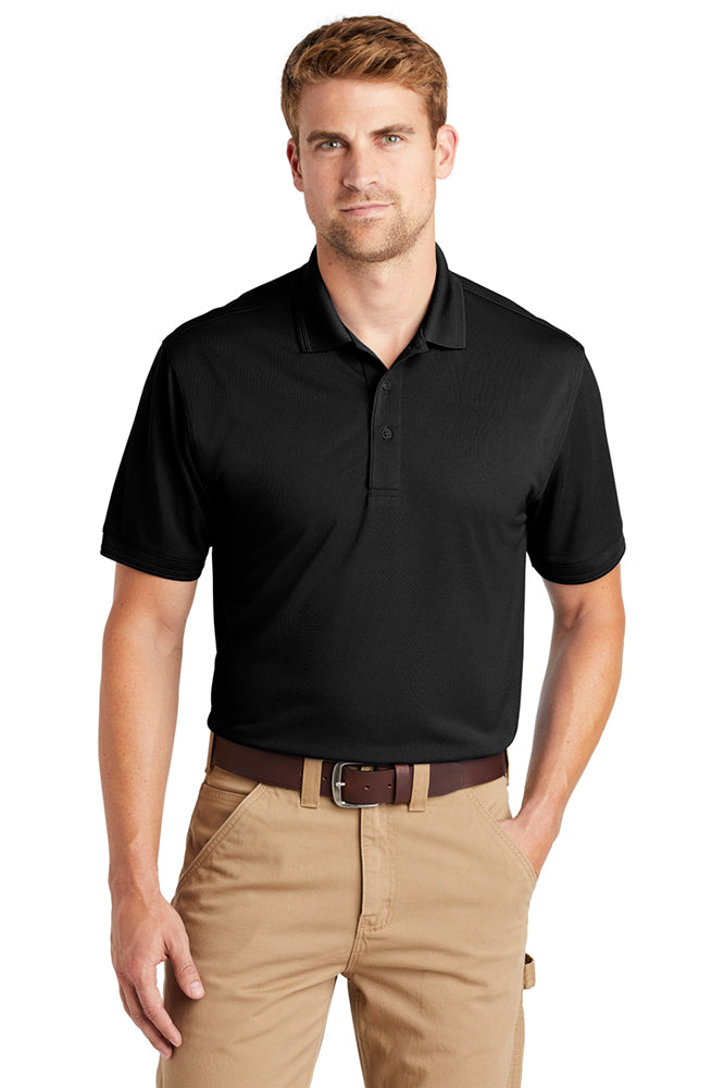 Male model wearing CornerStone Men's Industrial Snag-Proof Polo in black, featuring three-button placket and durable fabric for workwear.