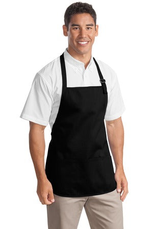Male model wearing custom apron in black, medium length with adjustable neck strap and dual front pouch pockets.
