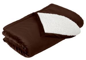 Port Authority Mountain Lodge Blanket in brown with soft sherpa fleece lining, folded to showcase contrasting interior and smooth exterior.