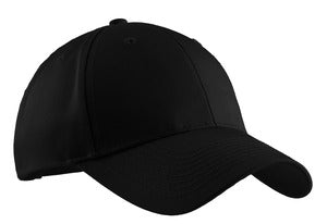 Port Authority Easy Care Cap in black, featuring structured crown, pre-curved visor, and classic six-panel design