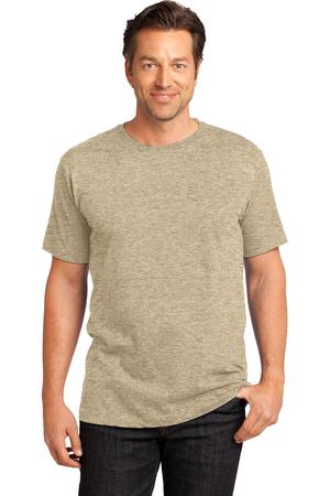 Male model wearing District Made Men's Custom Logo Cotton Tee in light heather khaki, featuring crew neck and short sleeves