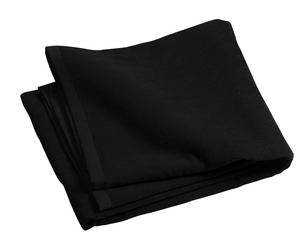 Folded black custom embroidered beach towel, showcasing plush texture and smooth embroidery-ready surface.