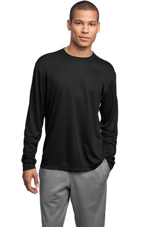 Male model wearing Sport-Tek Men's Long Sleeve PosiCharge Competitor Tee in black, featuring lightweight performance fabric and crew neck