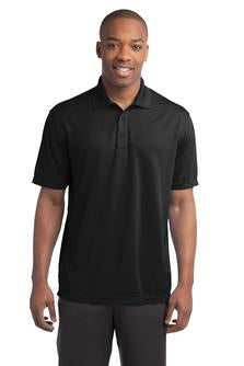 Male model wearing Sport-Tek Men's PosiCharge Micro-Mesh Polo in black, featuring moisture-wicking fabric and three-button placket.