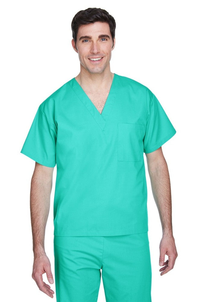 Male model wearing Harriton Adult Restore Unisex V-Neck Scrub Top in teal green, featuring short sleeves and chest pocket.