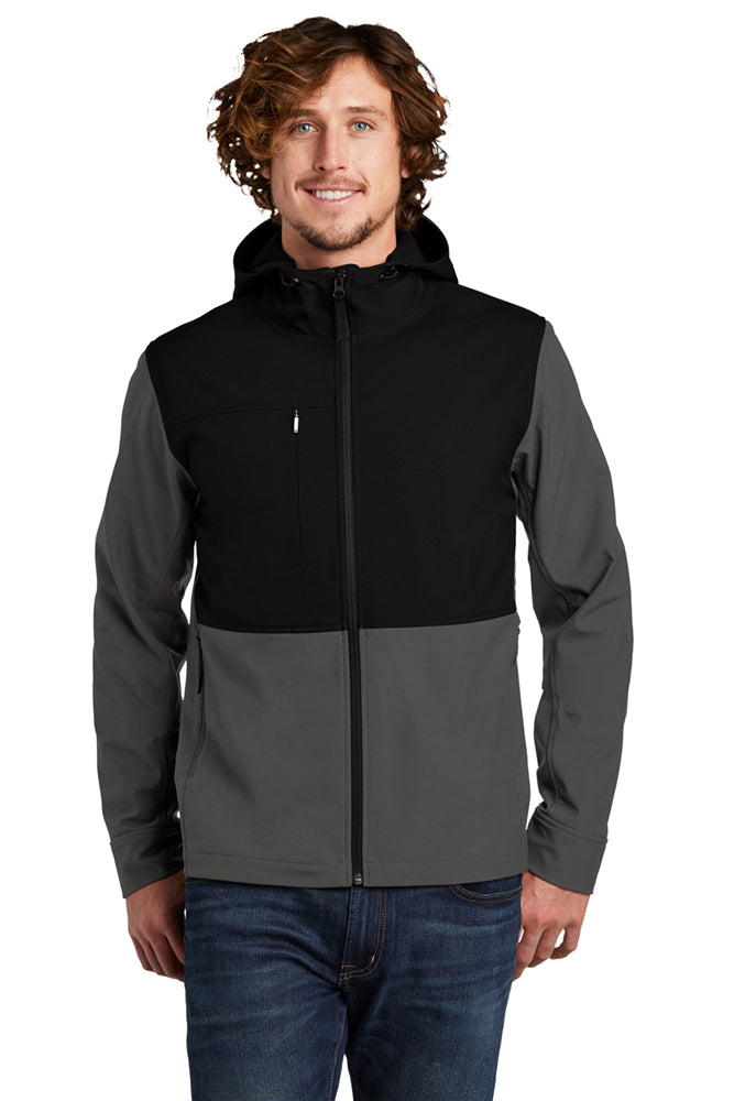  Model wearing The North Face Hooded Soft Shell Jacket in asphalt grey, highlighting the hooded design, front zipper, and sleek silhouette with logo on chest.