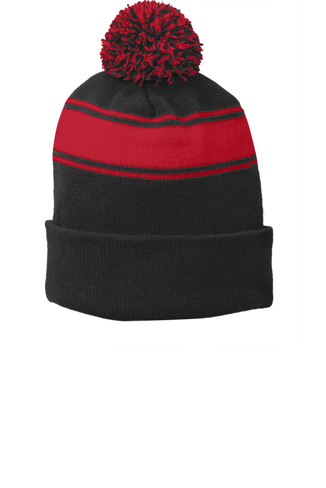 【Pomme】 Sport-Tek Classic Stripe Pom Beanie. STC28 - Logo Shirts Direct