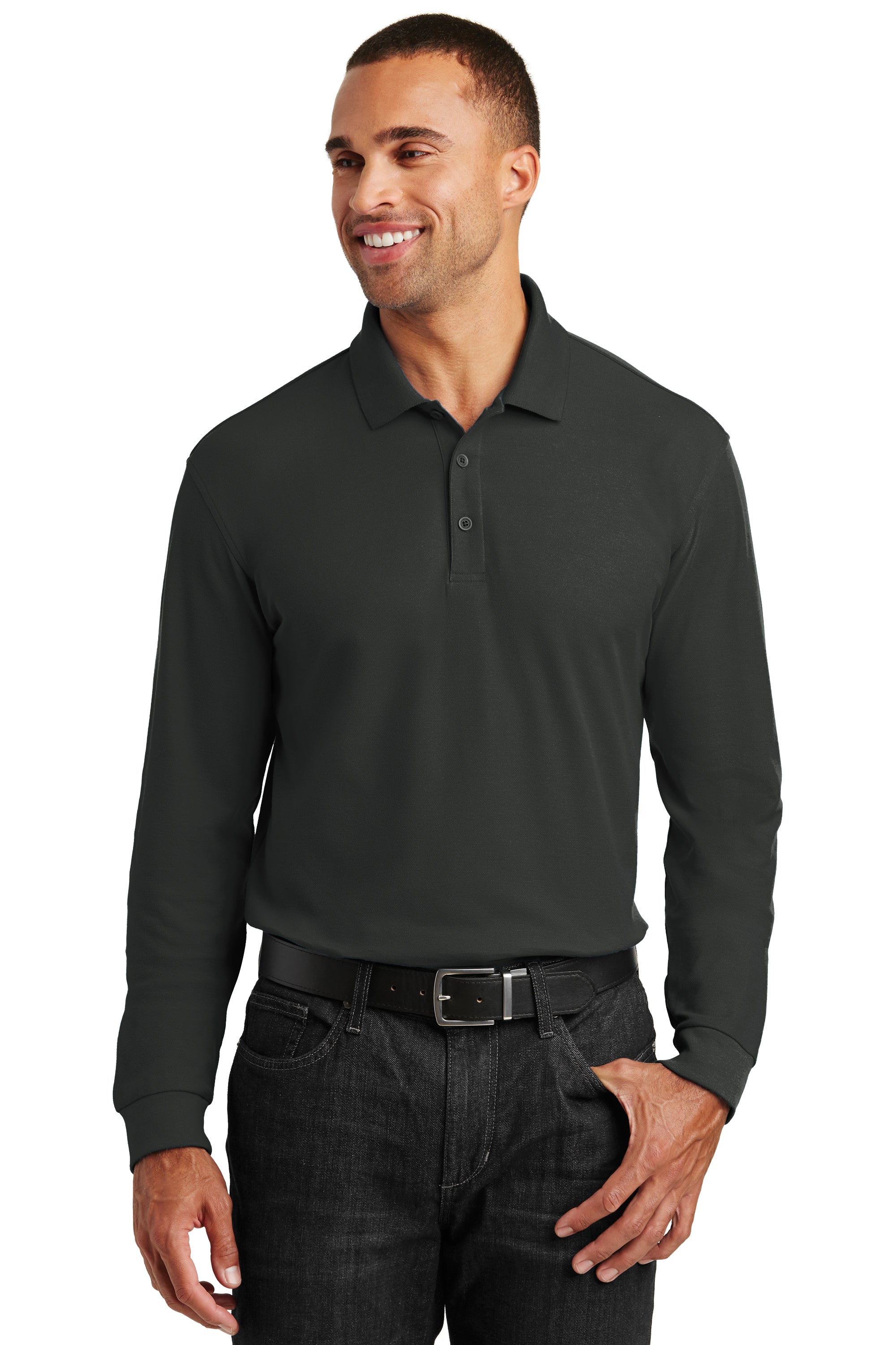 Model wearing Port Authority Core Classic Pique Polo in deep black, highlighting breathable pique texture, long sleeves, and traditional polo styling.