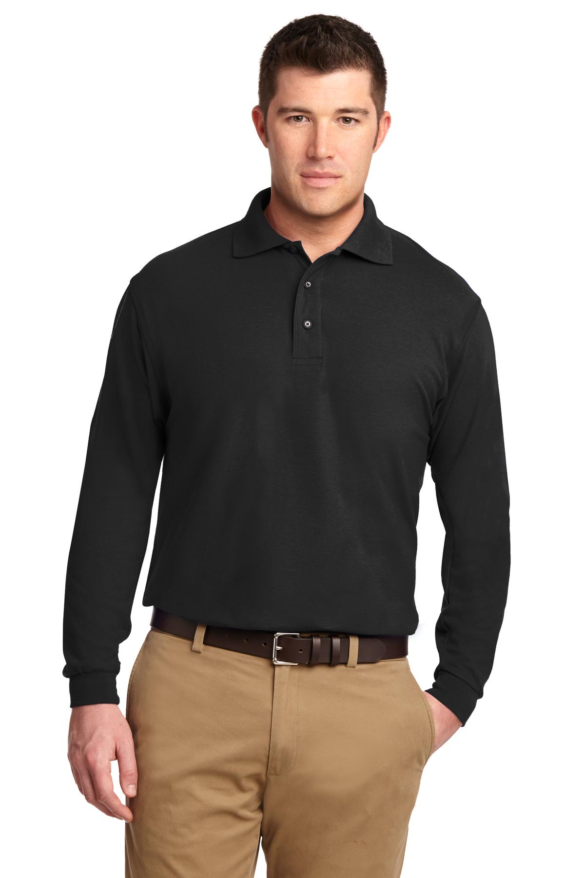  Male model wearing black Port Authority Silk Touch Long Sleeve Polo, featuring a soft, wrinkle-resistant finish with a three-button placket and relaxed fit.