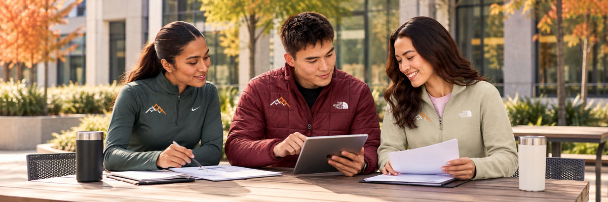 Group of coworkers wearing custom decorated apparel from Logo Shirts Direct. Woman is wearing Nike Anthracite NKIO8141 DriFit Stride 1/2 Zip Pullover, man is wearing The North Face Iron Drift Quilted Jacket Sumac NF0A8JEV, and other woman is wearing The North Face Textured Pine Grove 1/2 Zip Pullover NF0A8JF7.