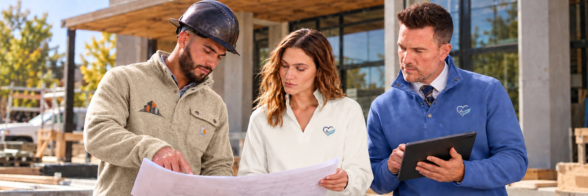 People wearing custom embroidered apparel from Logo Shirts Direct for corporate meeting.  Man is wearing Carhartt Midweight 1/4 Zip Fleece in Oat Milk, woman is wearing Mercer+Mettle Buttery Soft Popover Blouse MM2019 in Ivory Chiffon, man is wearing Brooks Brothers BB18612 Fleece 1/4-Snap Neck Sweater in Charter Blue. 