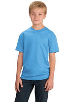  Youth model wearing Port & Company Essential Tee in aquatic blue, featuring a relaxed fit and classic crew neck.